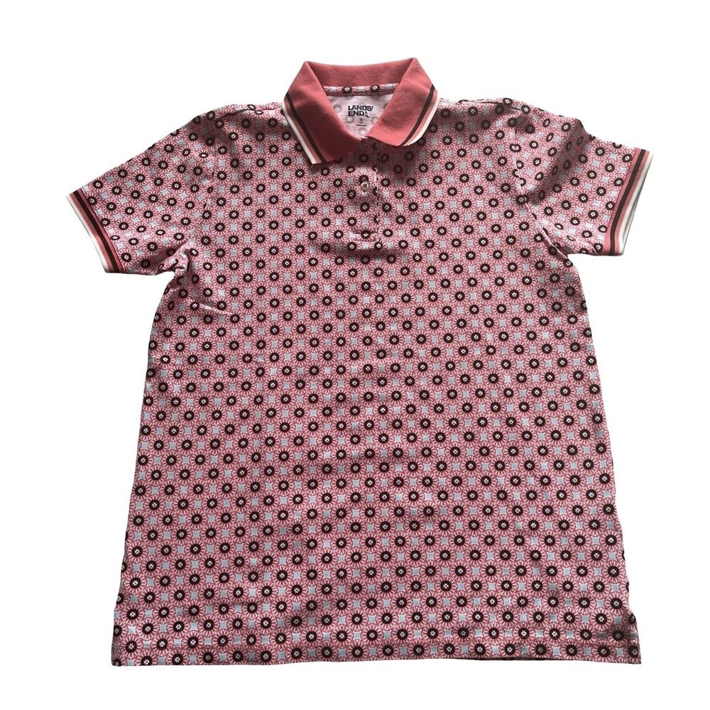 Lands' End Womens Size S 6-8 Polo Shirt Short Sleeve Floral Geometric 97% Cotton